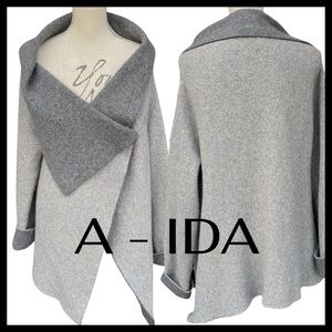 A-IDA Two Tone Grey Wool Blend Asymmetric Shawl Collar Wrap Sweater Jacket (XL)